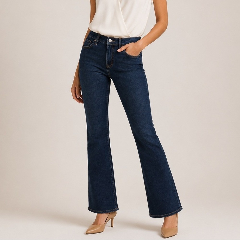 Quince Luna Stretch Flare Jeans Denim Date Trip Travel Deep‎ Rinse Plus 33 NWOT